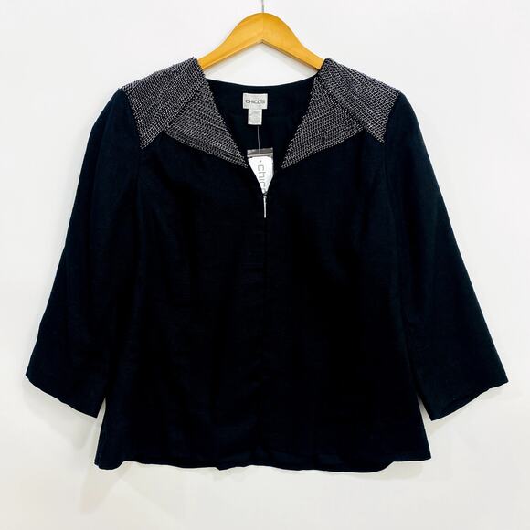 Chico's Chained Galloway Jacket Womens Size 3 Lined Black 3/4 Linen Blend Career - Picture 1 of 10
